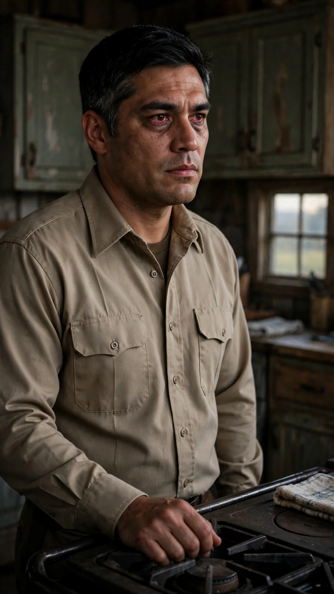 A widowed sheriff stands alone in a dim kitchen at dawn.