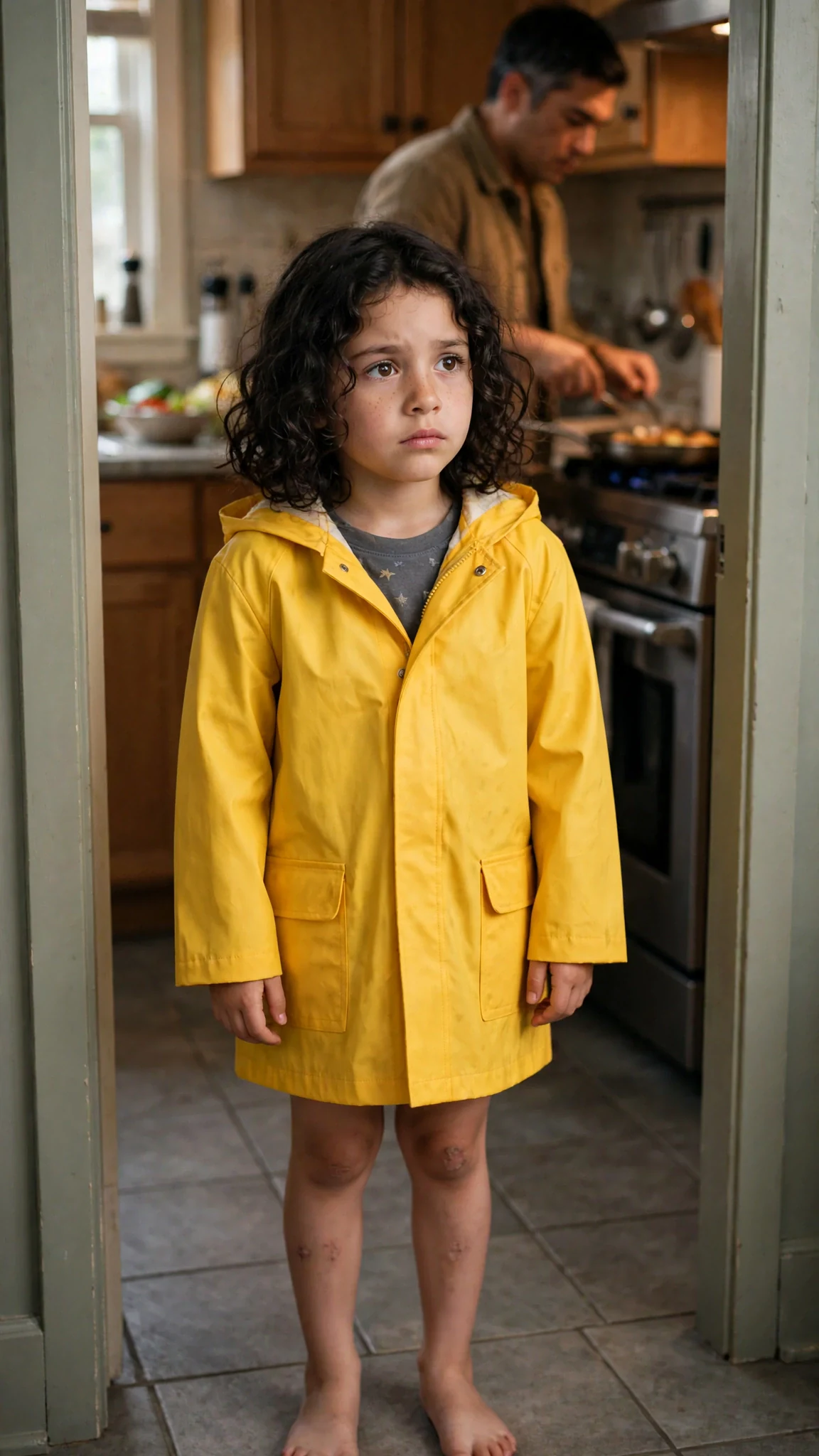 A small girl in a yellow raincoat stands in a kitchen doorway.