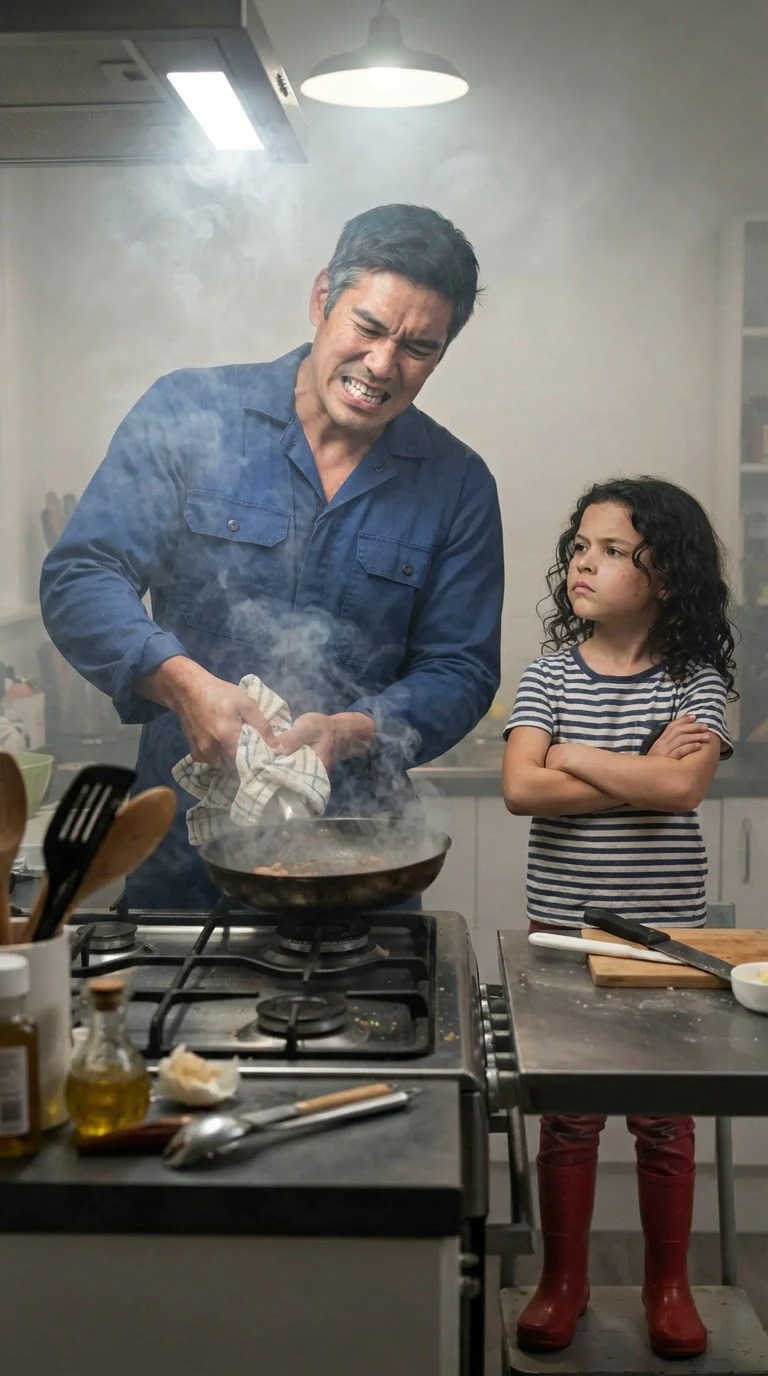 A sheriff swears over a burnt pan while his daughter watches with folded arms.