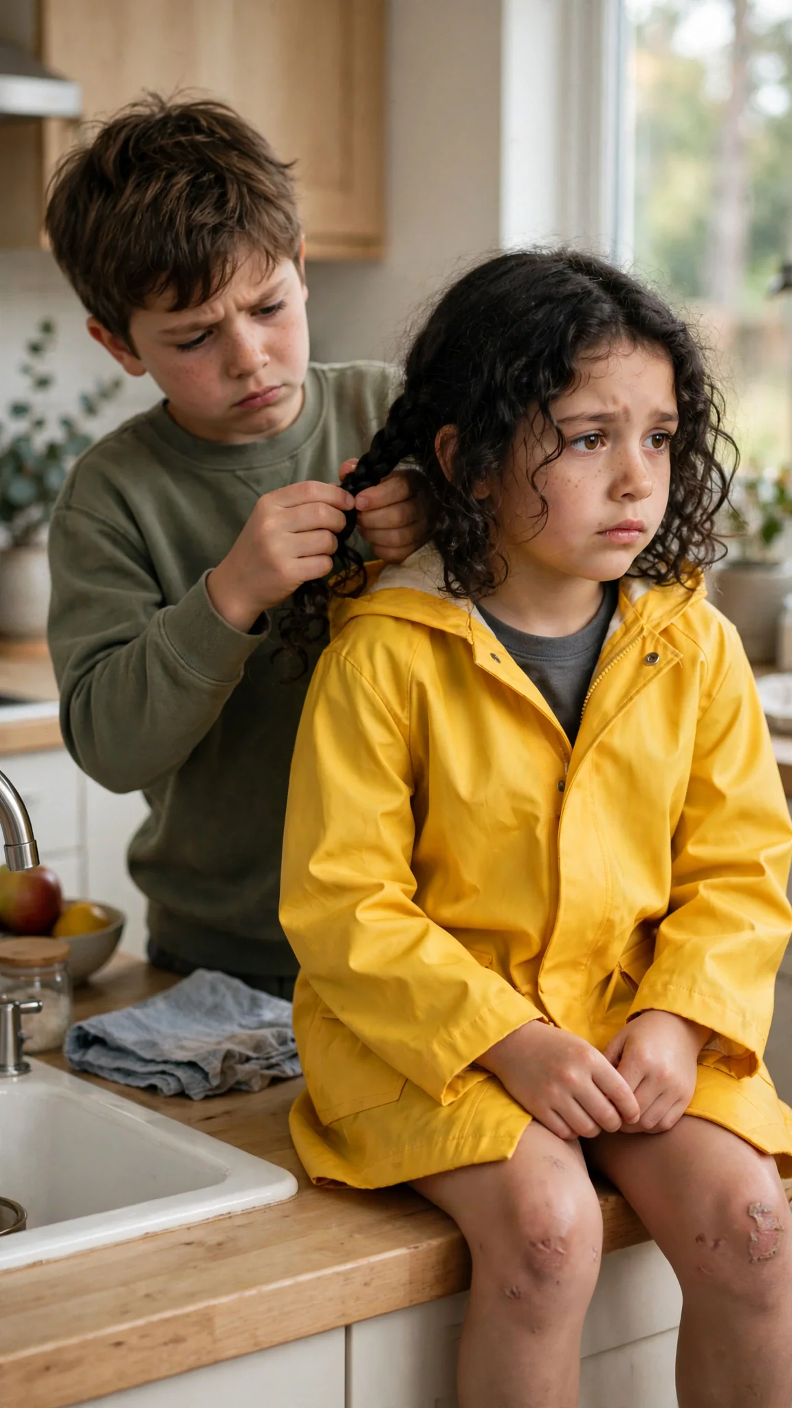 A father tries to braid his small daughter's hair on the kitchen counter.
