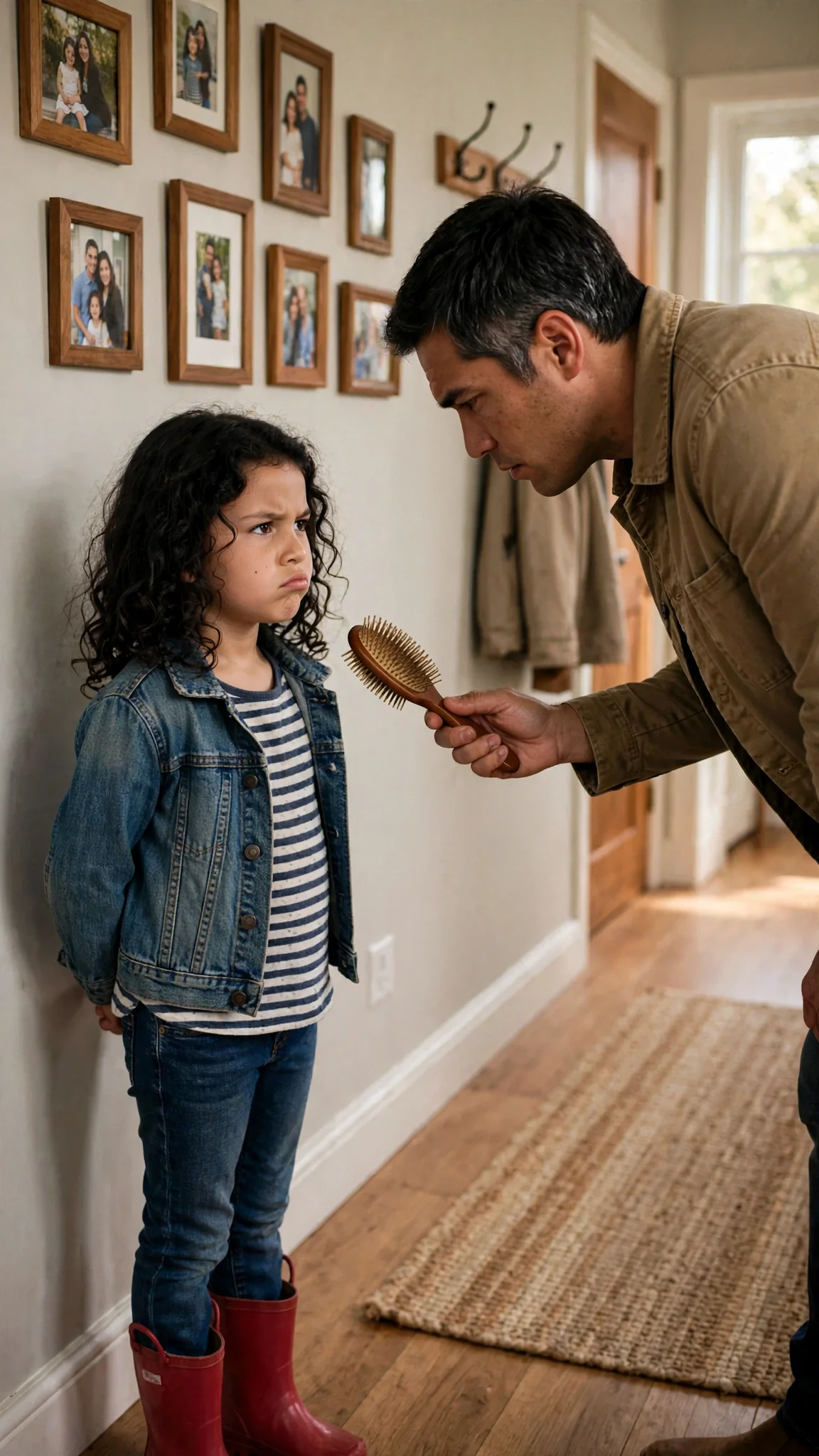 A little girl in red boots refuses her father's hand.
