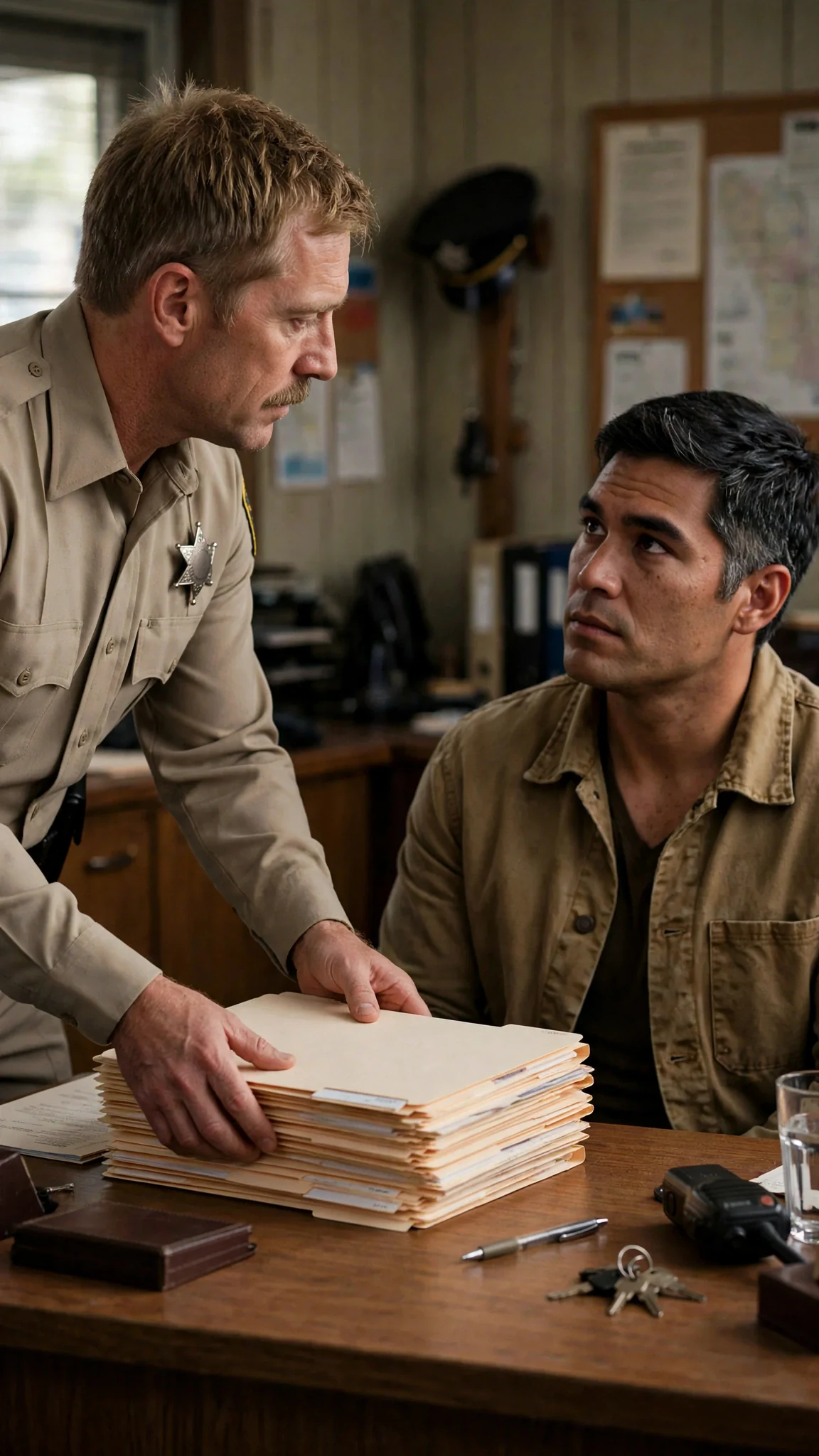 A deputy stacks papers on a sheriff's desk.