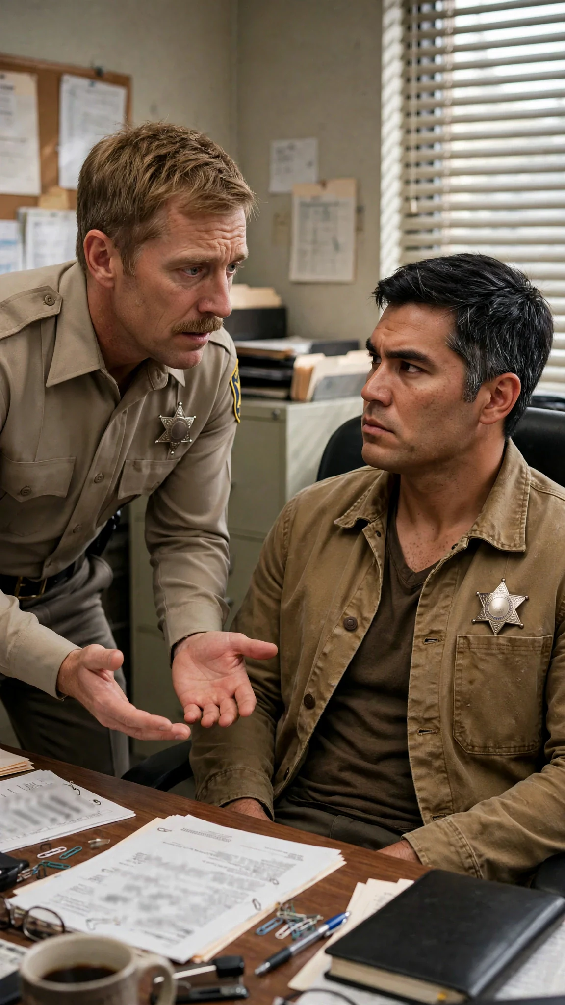 A deputy speaks gently to his sheriff, who glares back.