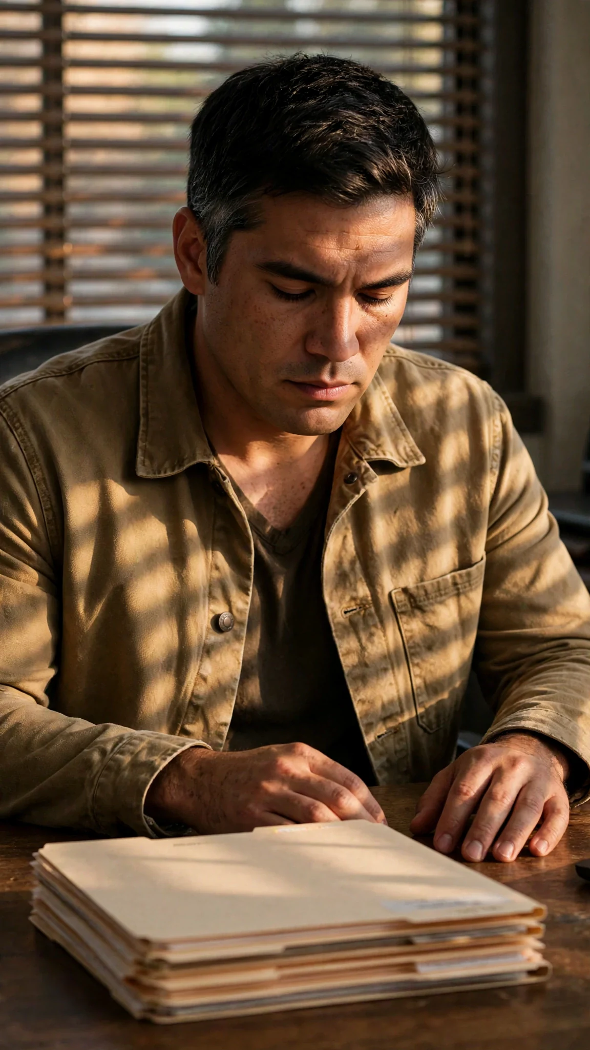 A sheriff sits alone with his hands flat on the desk.