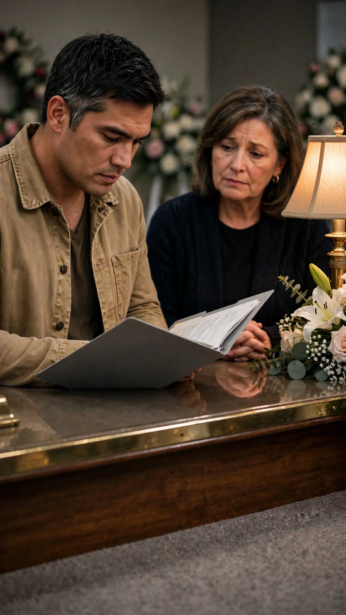 A funeral home front desk with a folder turned toward a sheriff.