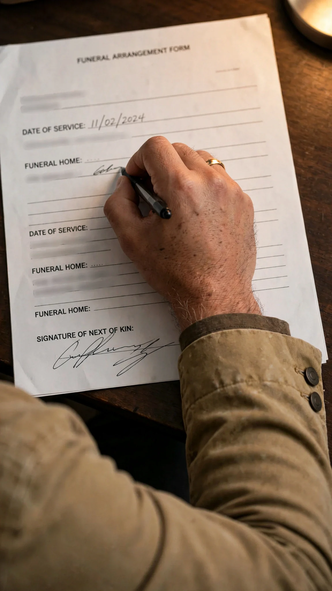 A signature on a funeral form, the last letter smeared.