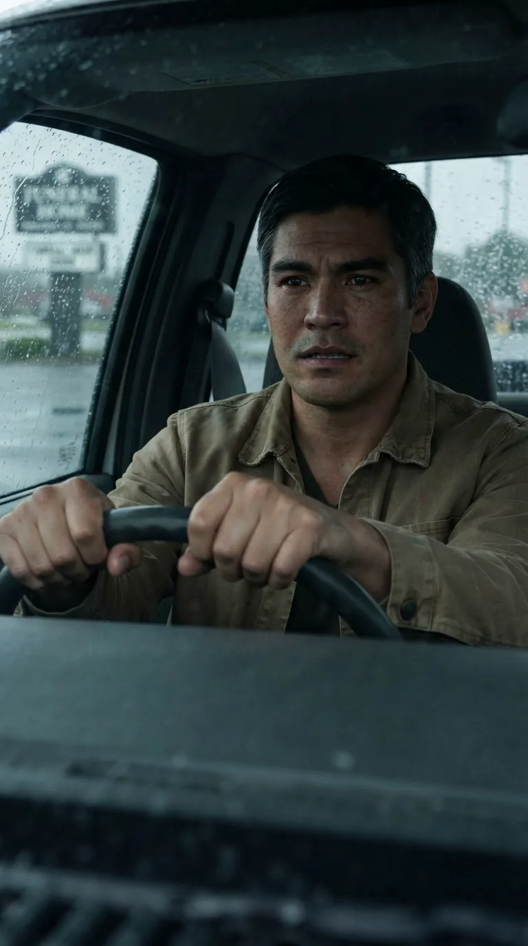 A sheriff sits alone in his truck in a parking lot, gripping the wheel.