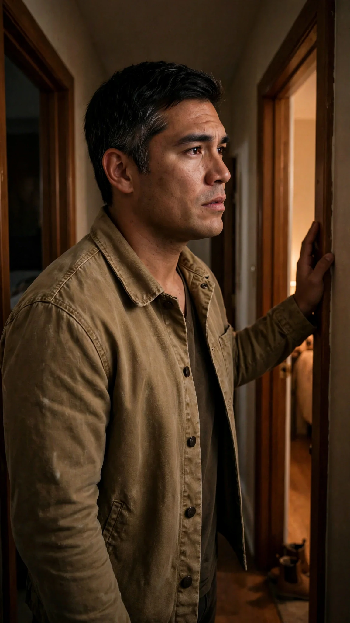 A father stands in a hallway between two dark bedroom doors.