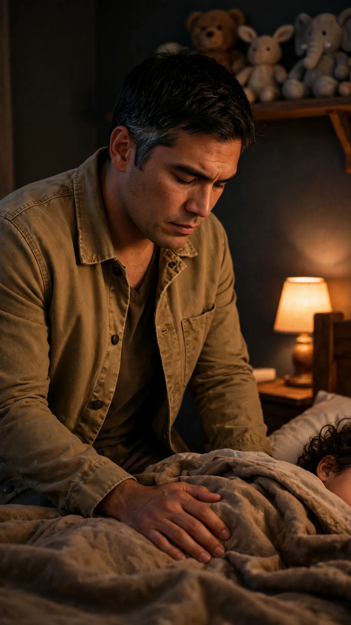 A sheriff kneels beside a small bed in a dark bedroom.