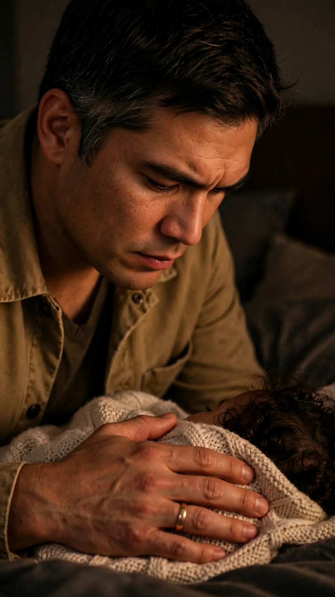 A father's bowed face and wedding ring beside a sleeping child.
