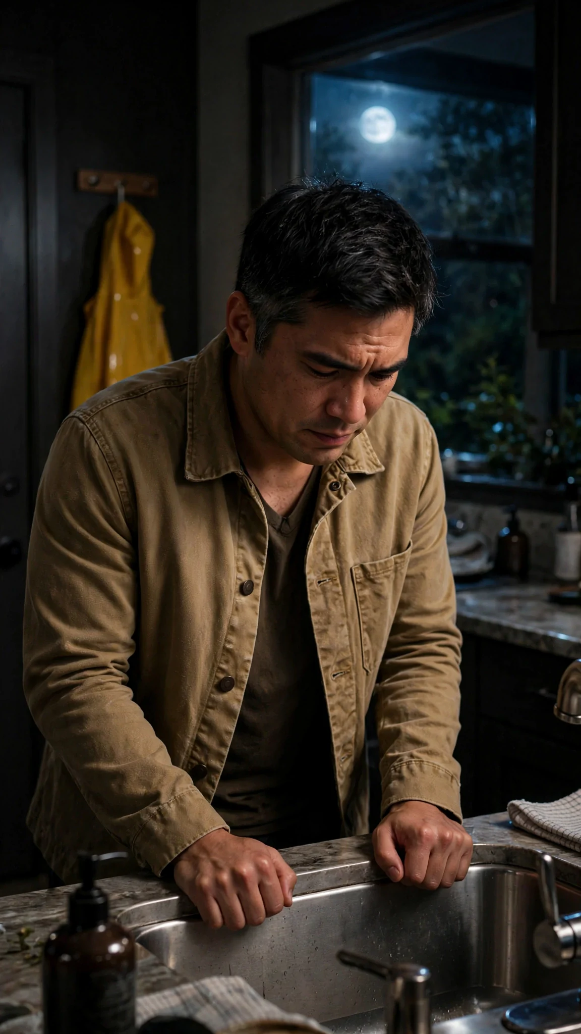 A sheriff grips the edge of a dark kitchen sink, holding himself together.