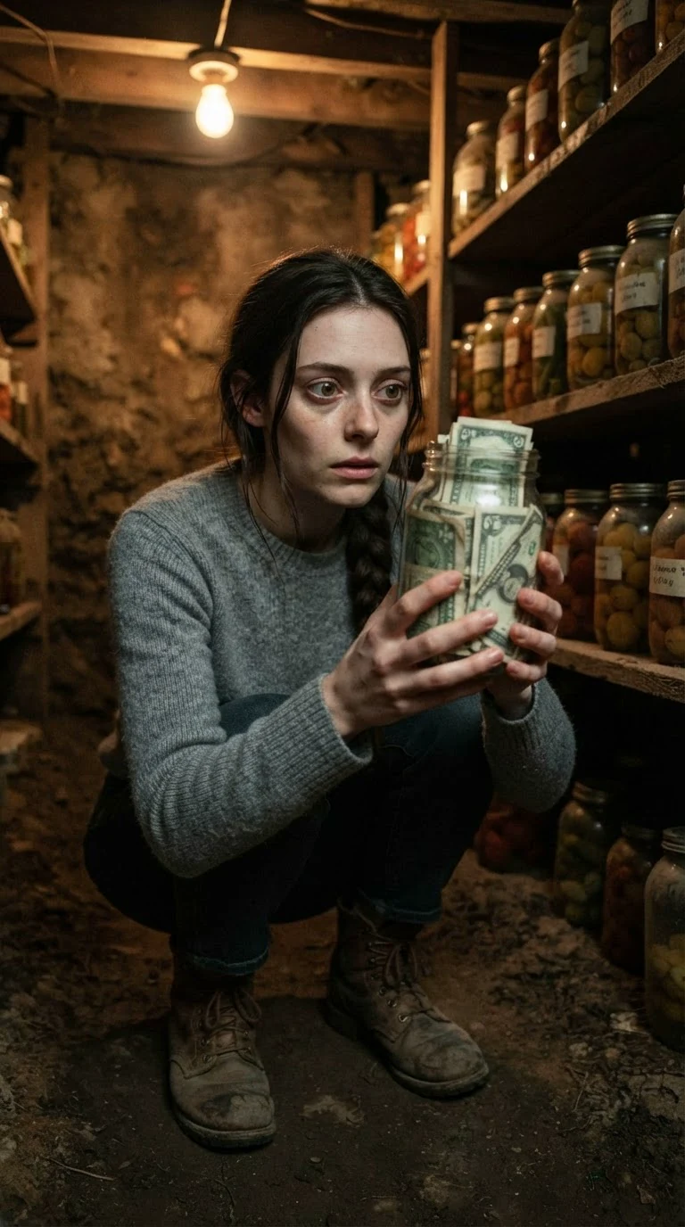 A tired young woman crouches in a dirt-walled root cellar, holding a glass jar of folded bills.