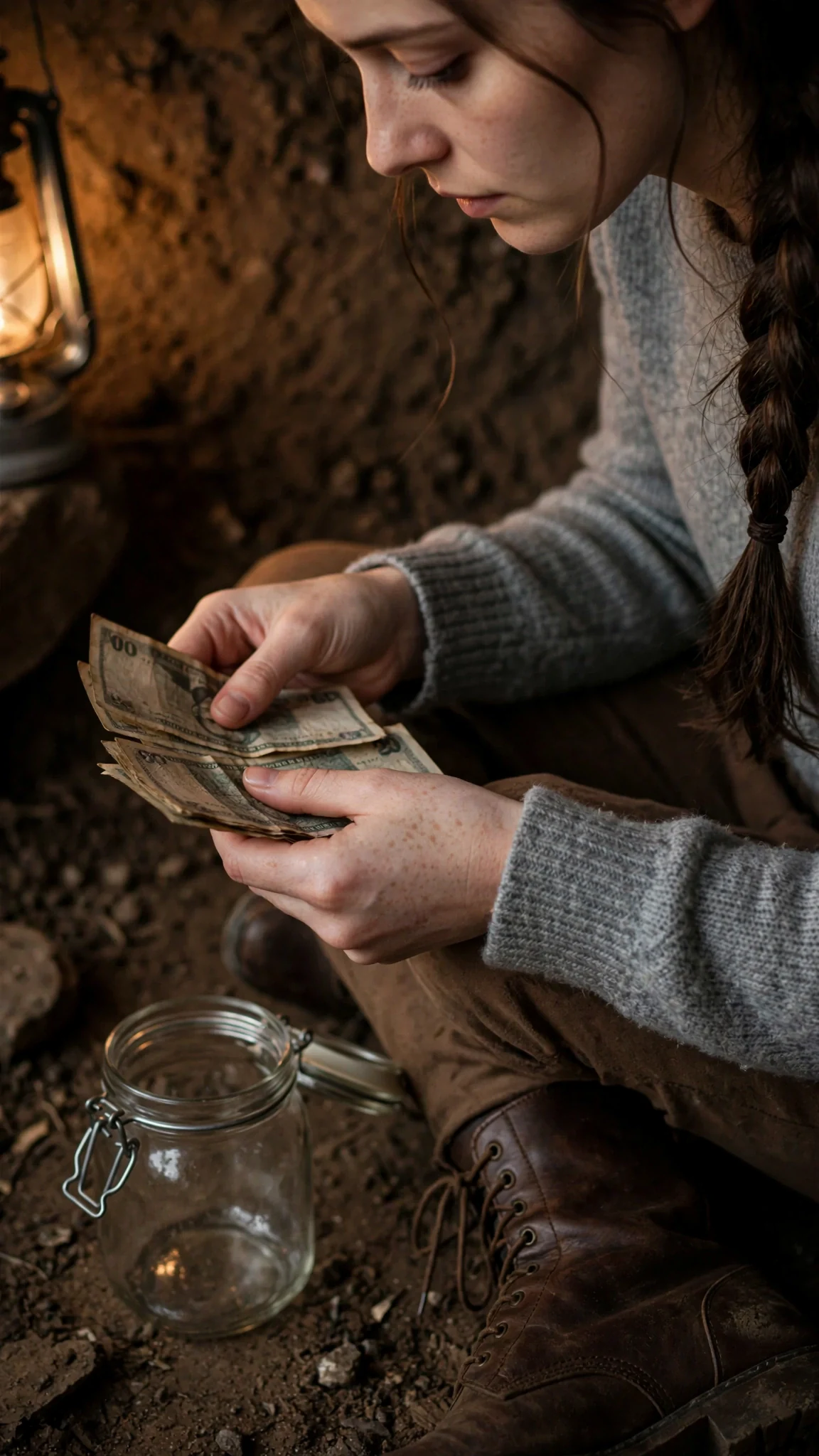 Close view of a woman's hands counting worn bills onto her knee.