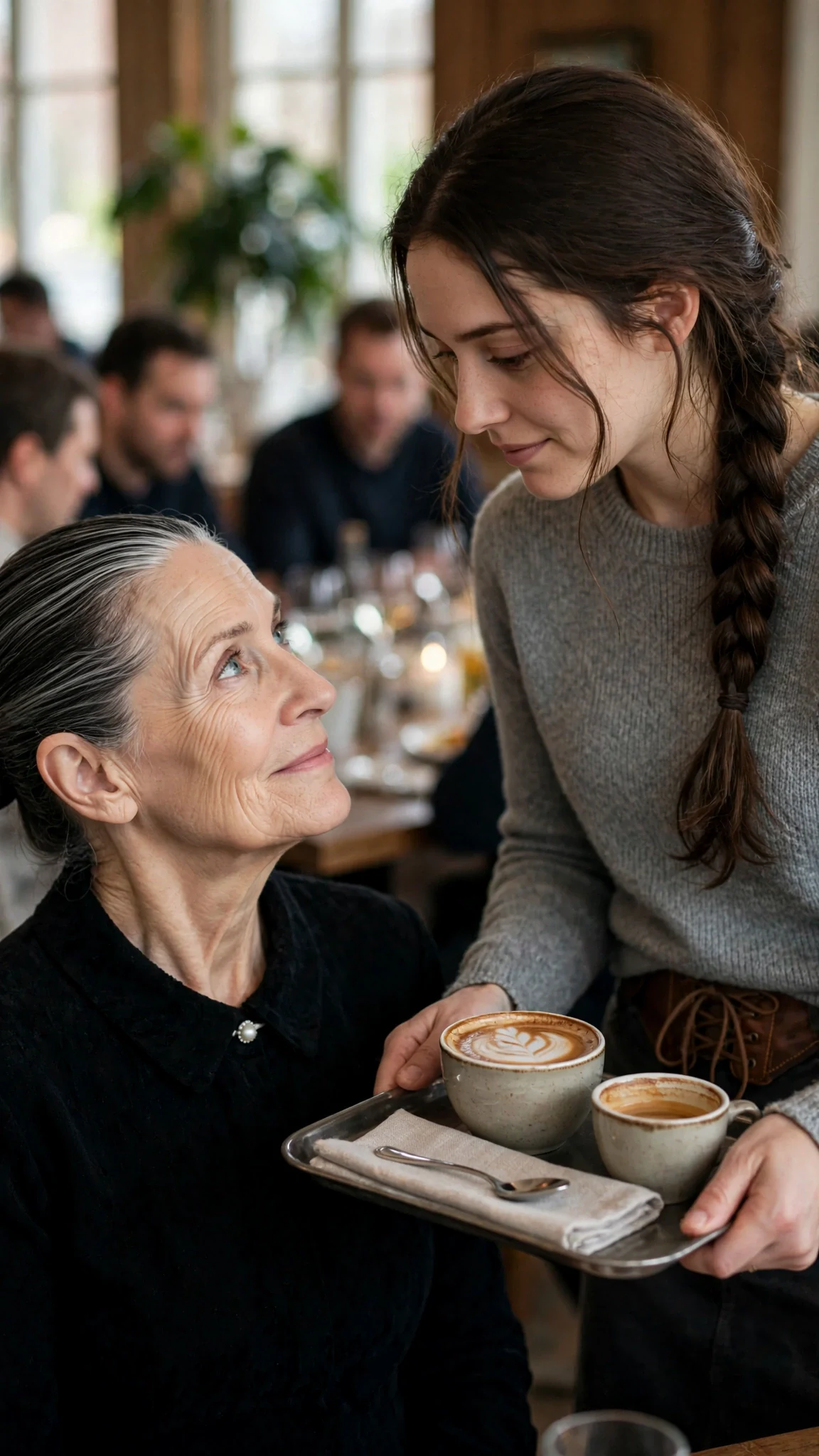 An older woman with a pearl pin smiles coldly at the young woman holding the tray.