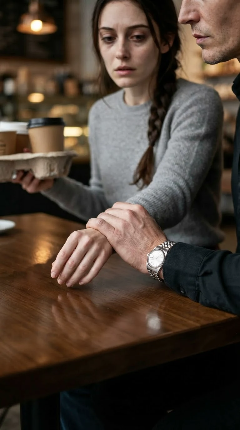 A man's hand grips a woman's wrist hard over a table while a tray tips.