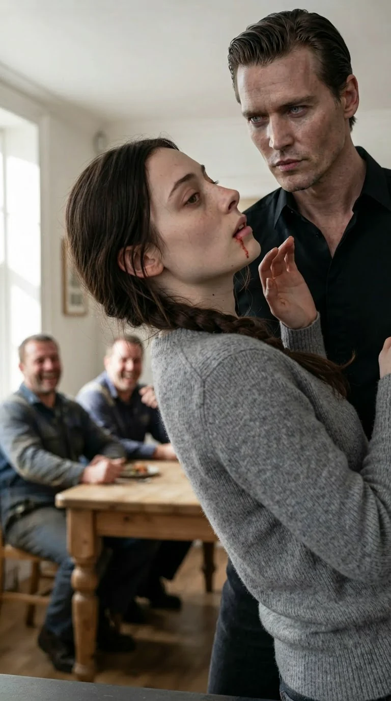 A woman's head snaps to the side with a split lip, a man standing over her, other men laughing.