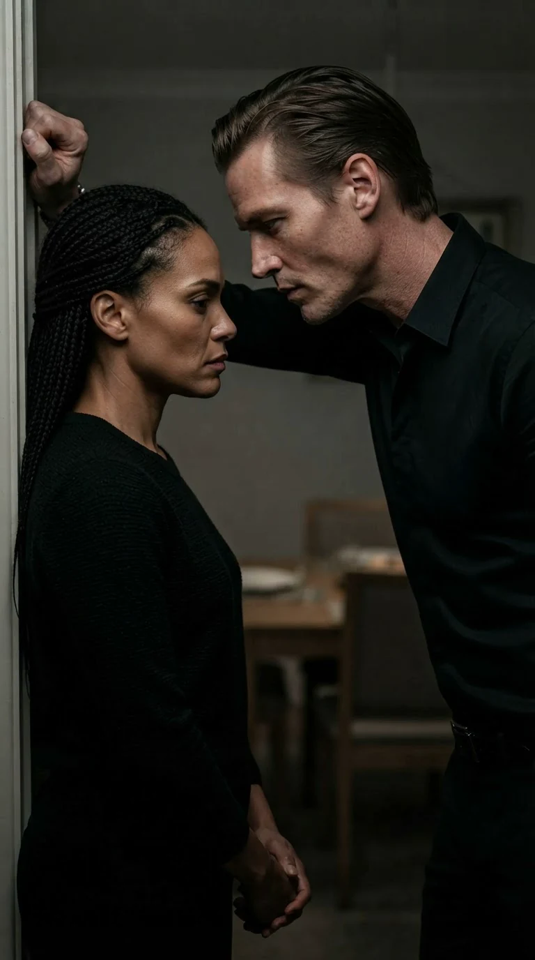 The Alpha leans down close to the bleeding woman's face, threatening her.