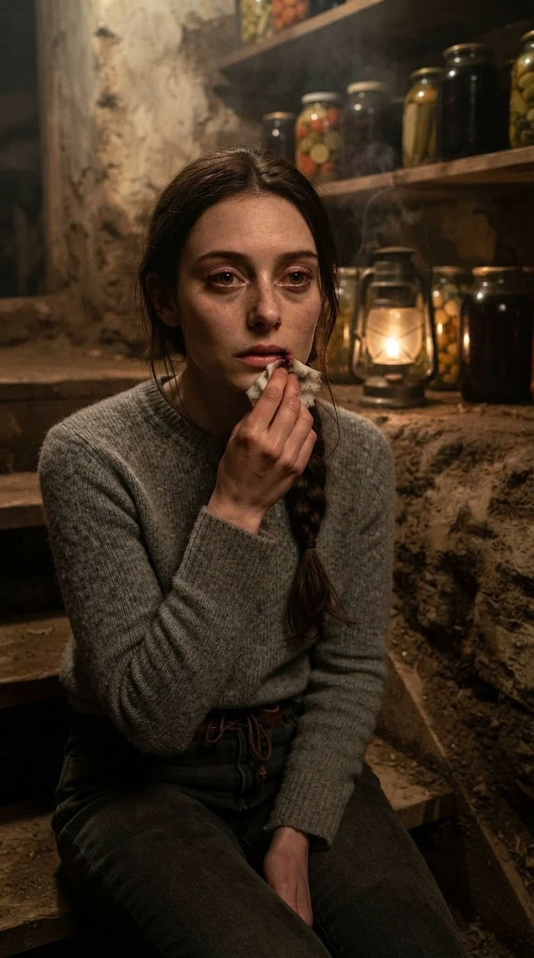 The woman presses a cloth to her lip in the dark cellar, eyes hard.