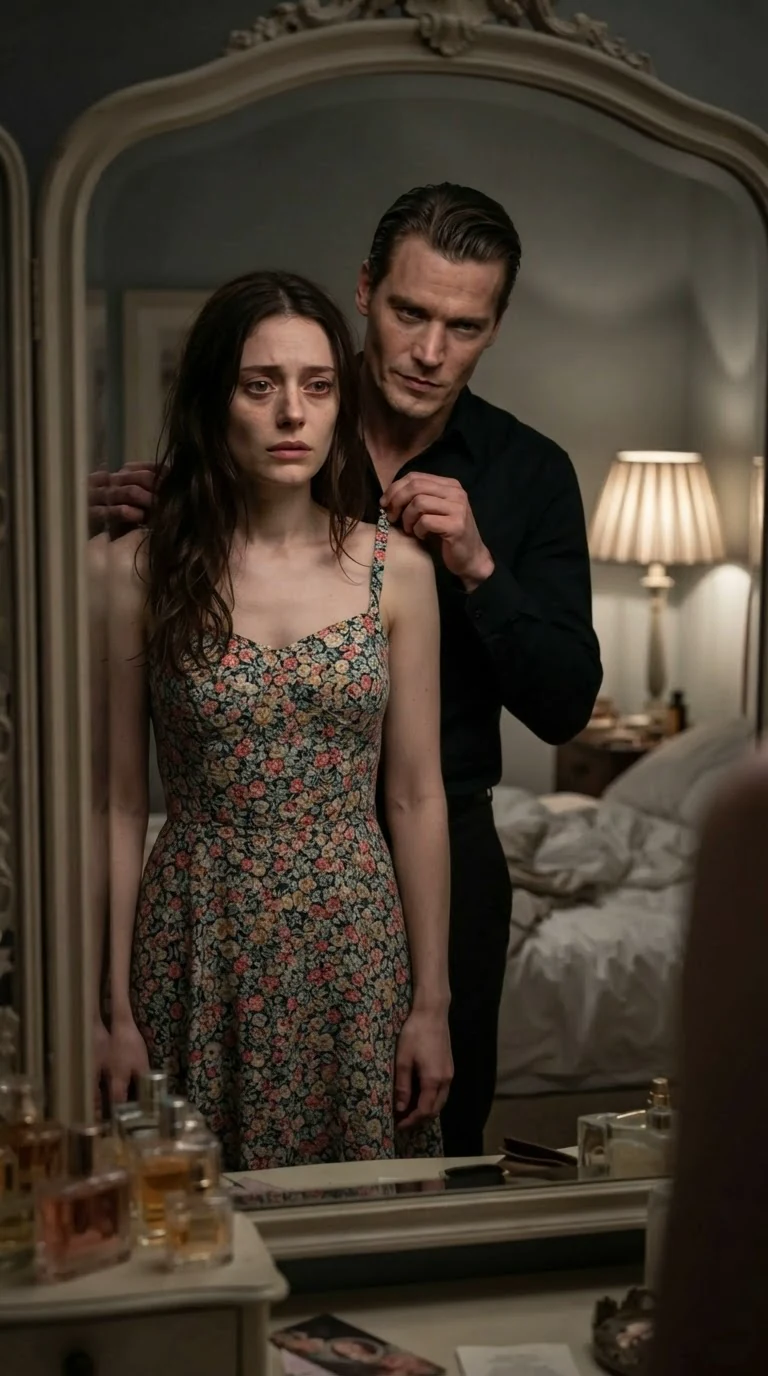 A young woman stands before a mirror in a dress while a man behind her adjusts the shoulder.