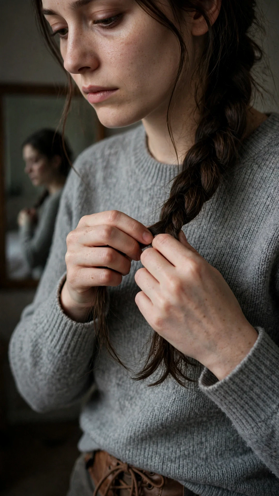 Close view of a woman's hands re-braiding her hair in a dim room, mouth pressed thin.
