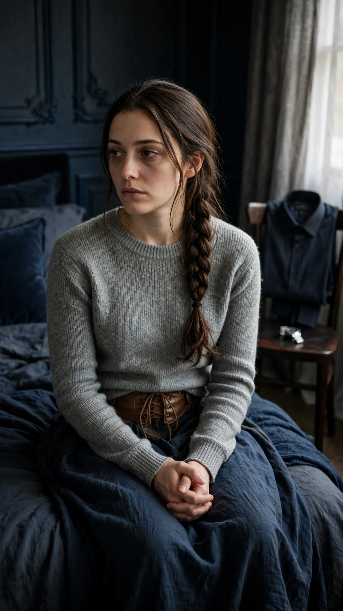 The woman sits alone on the edge of a bed in a dark room, hands folded, tired.