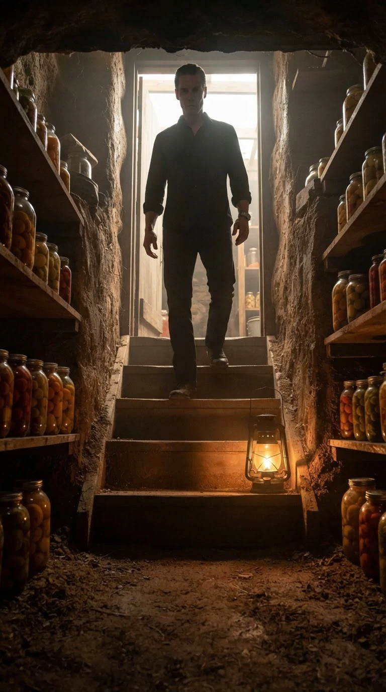 A tall man's silhouette appears at the top of the cellar steps, backlit.