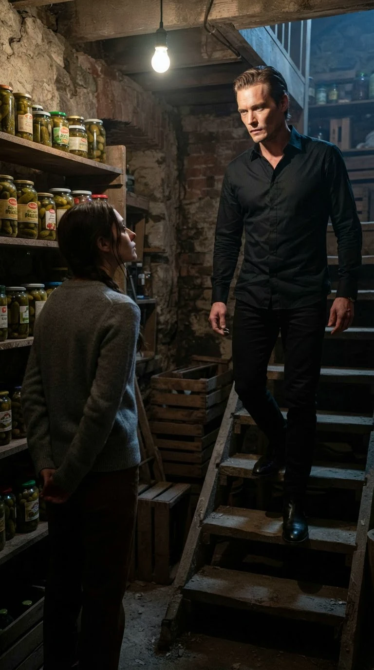The man comes down the cellar steps toward the woman, who blocks a shelf behind her.
