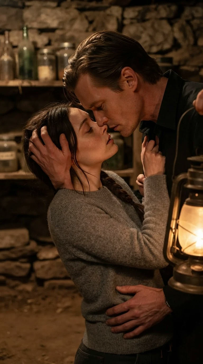 The Alpha kisses the woman in the cellar and her hands pull him closer.