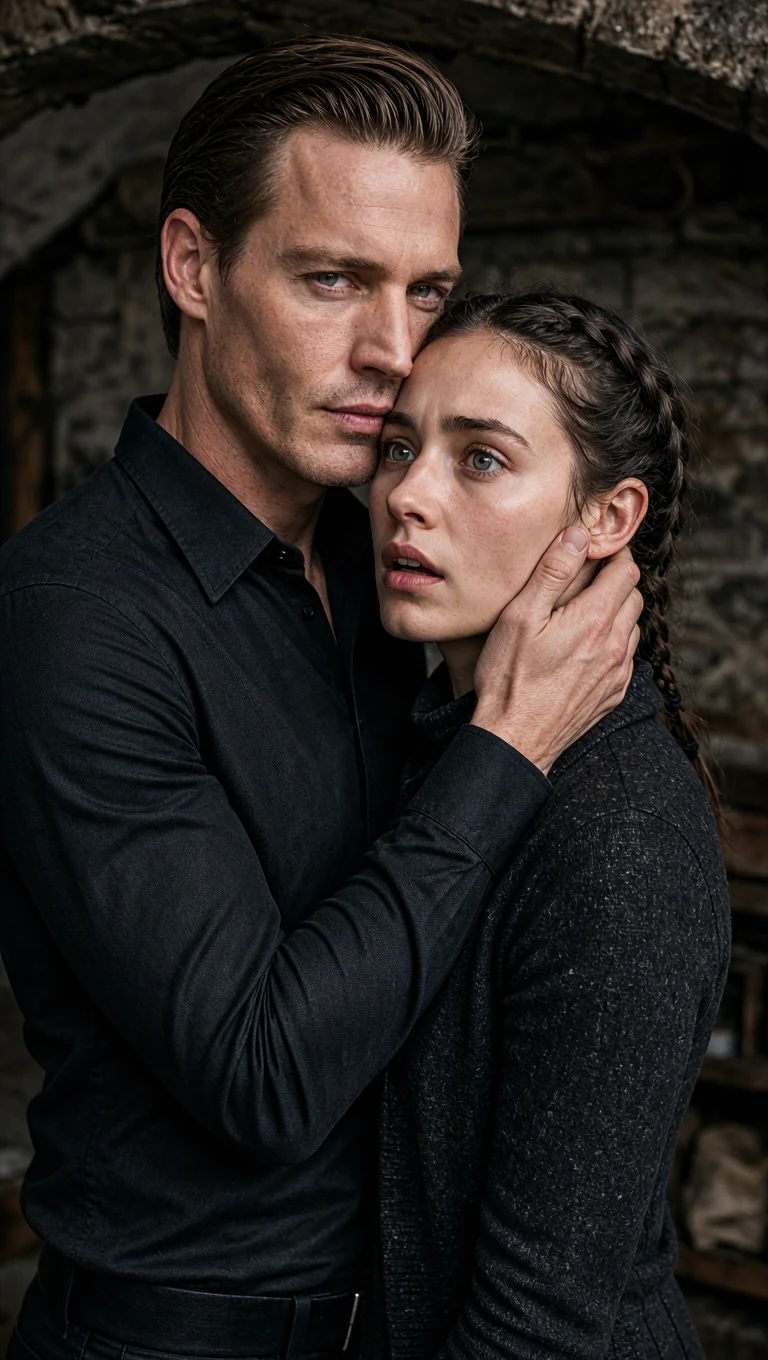 The man pulls back from the kiss and speaks low against the woman's ear.