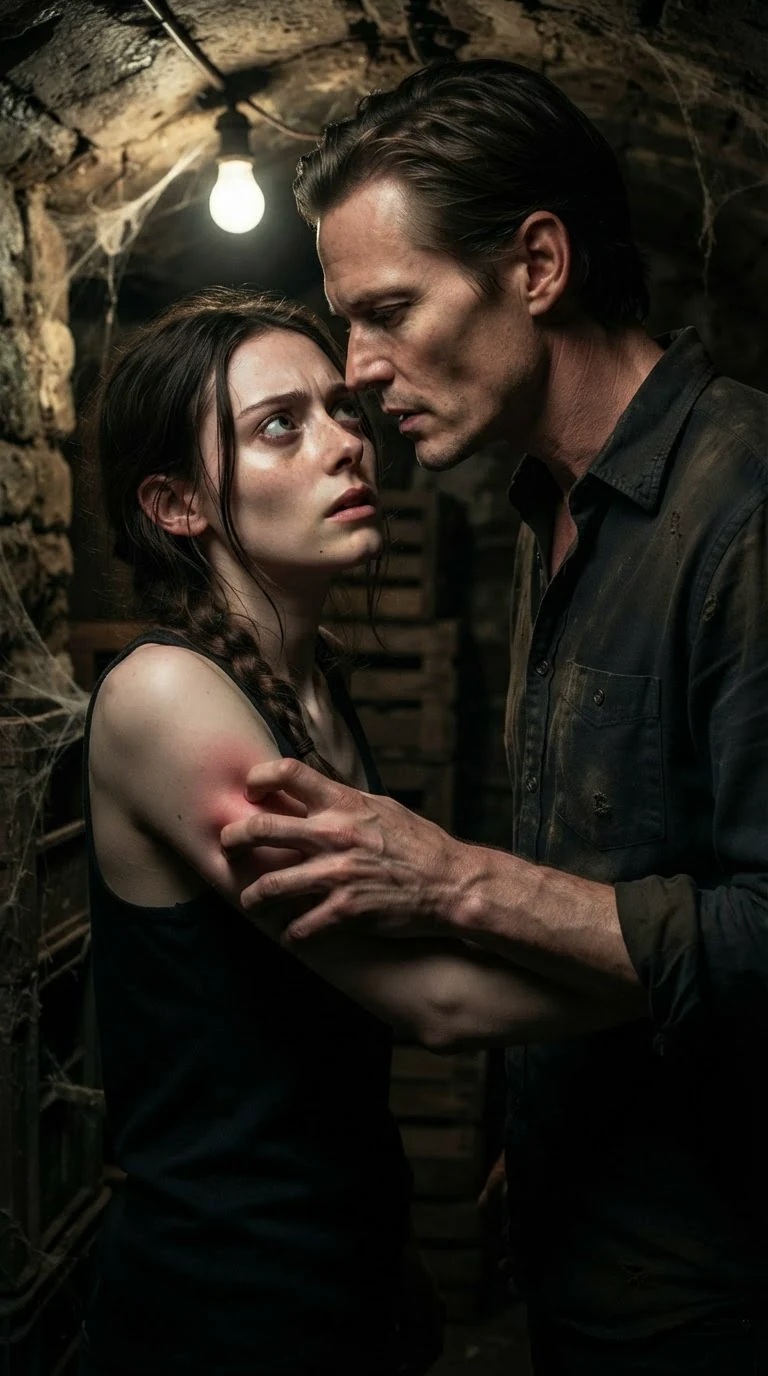 The man's fingers squeeze the woman's upper arm, her face pinched with pain.