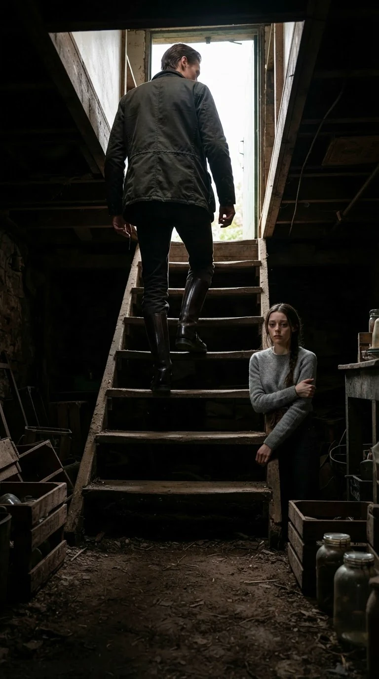 The man climbs the cellar steps away, leaving the woman alone in the dirt.