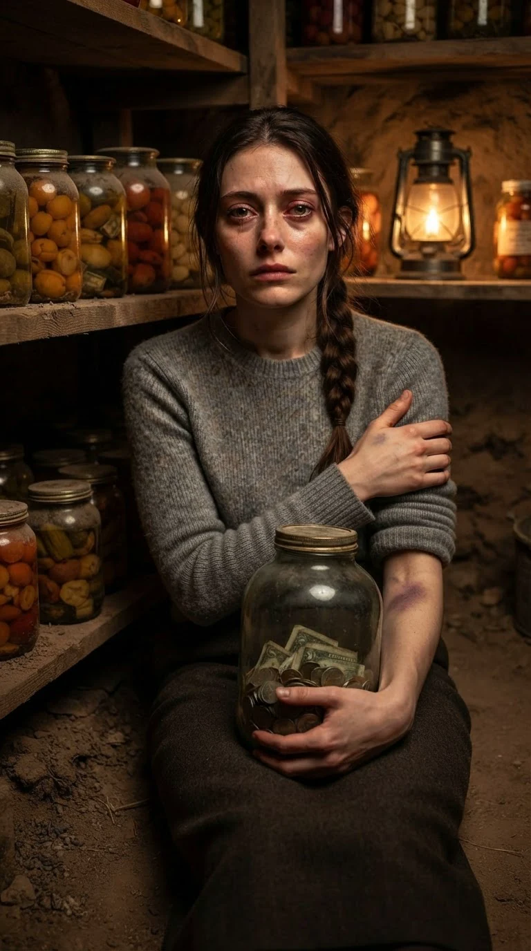 The woman sits against a cellar shelf, a money jar in her lap, eyes wet and hard.