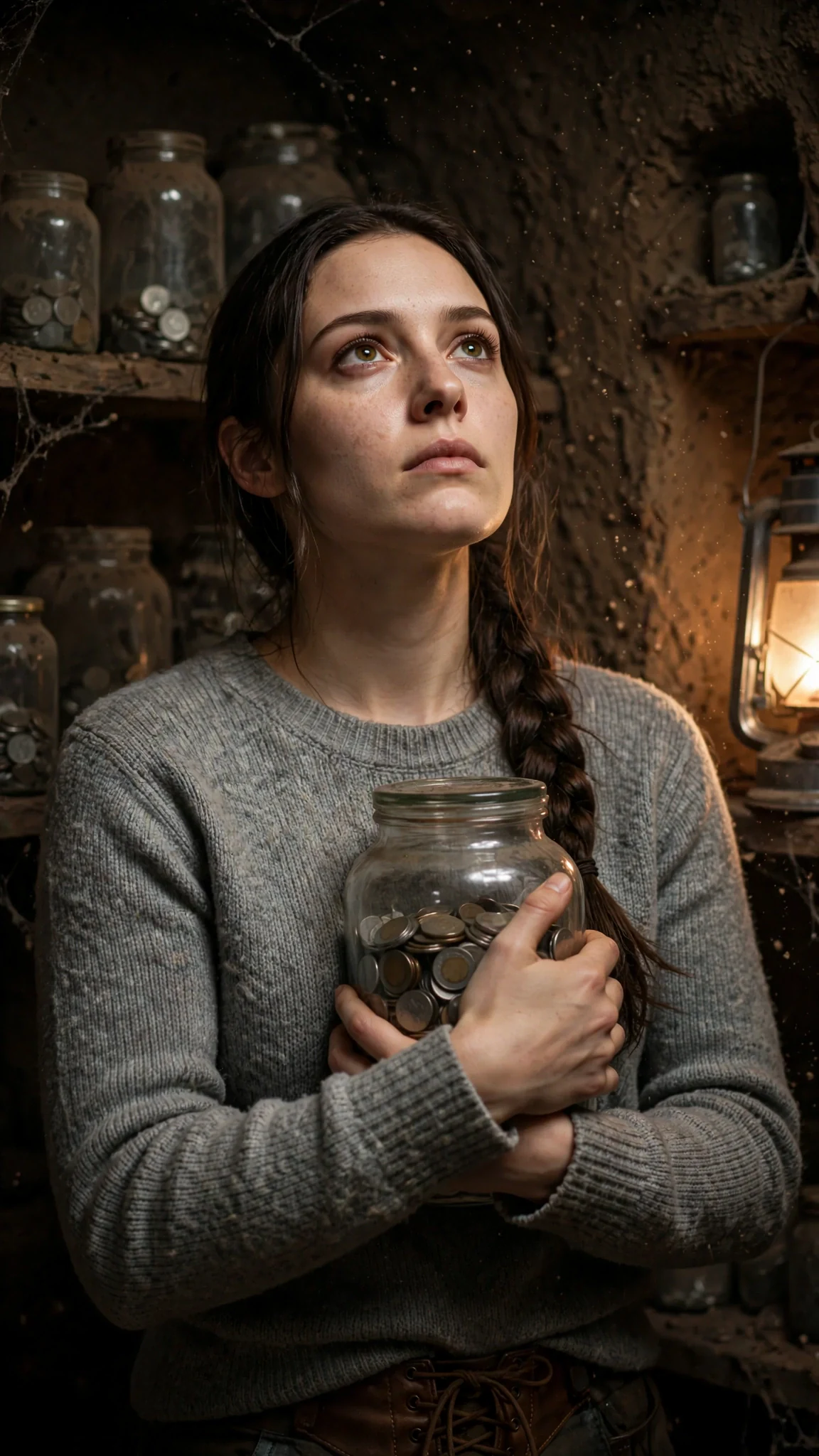 The woman lifts her chin in the lantern light, jar hugged to her chest, fierce.