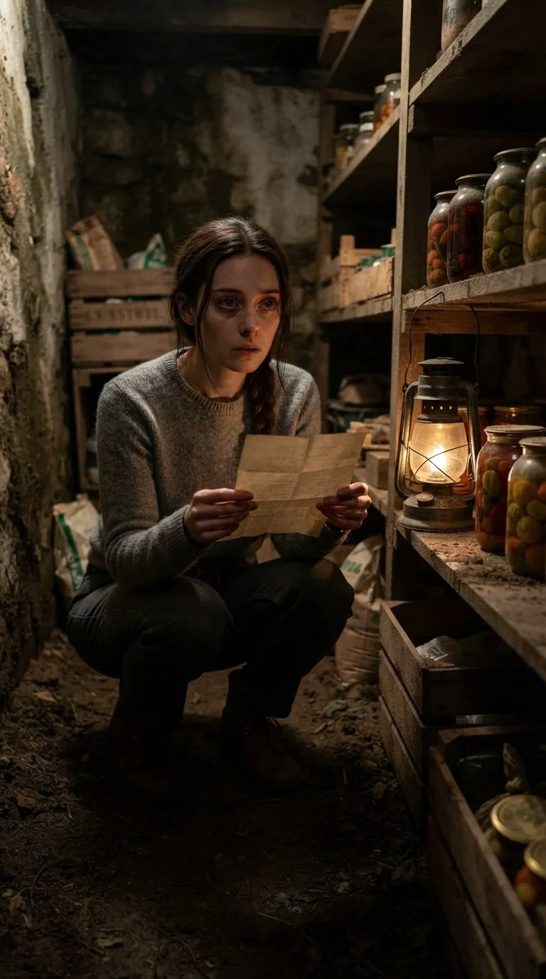 Elowen kneels in a dim root cellar holding a folded paper in the lantern light.
