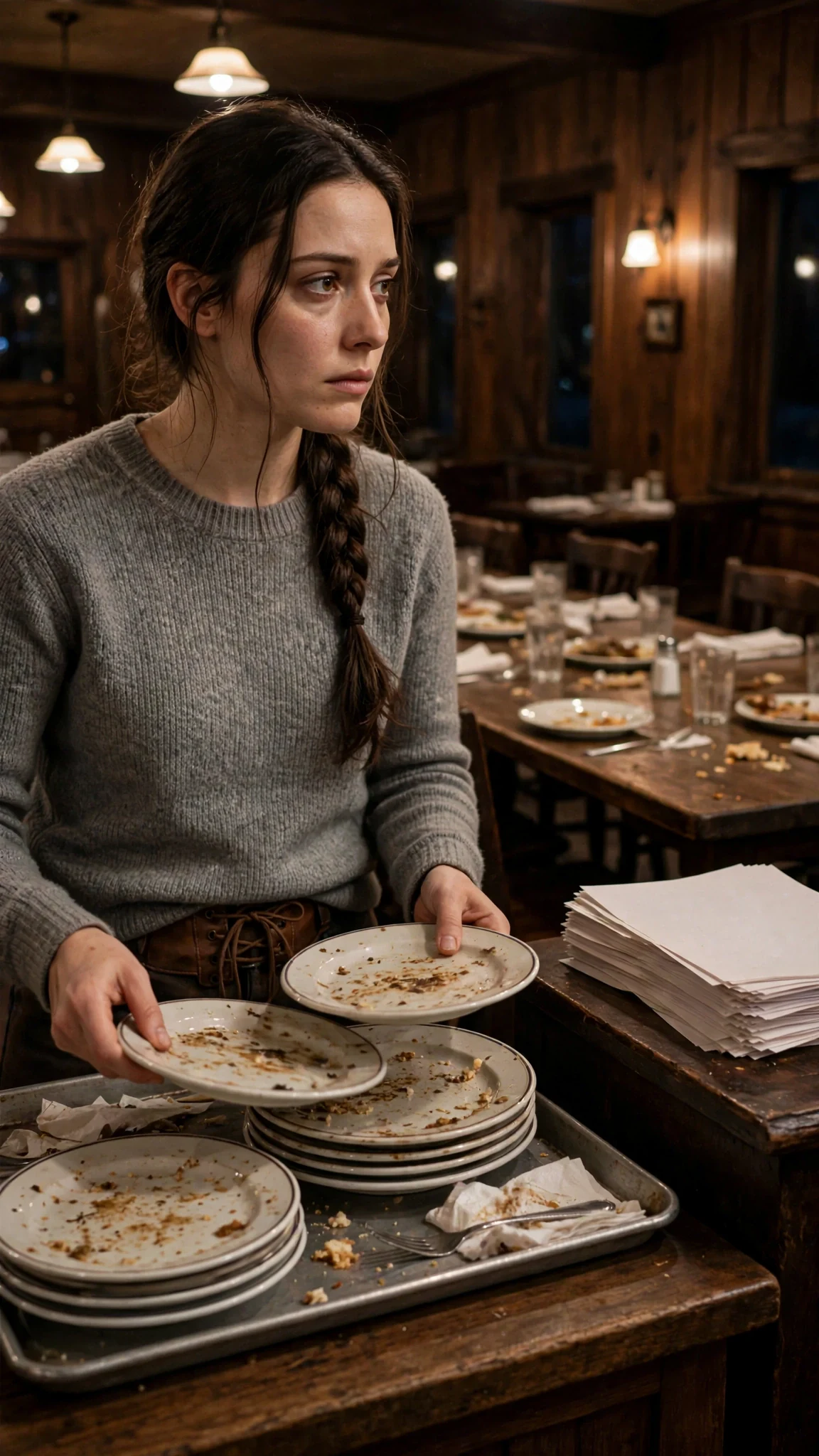 Elowen clears plates in the pack hall and glances at a stack of forms on the desk.