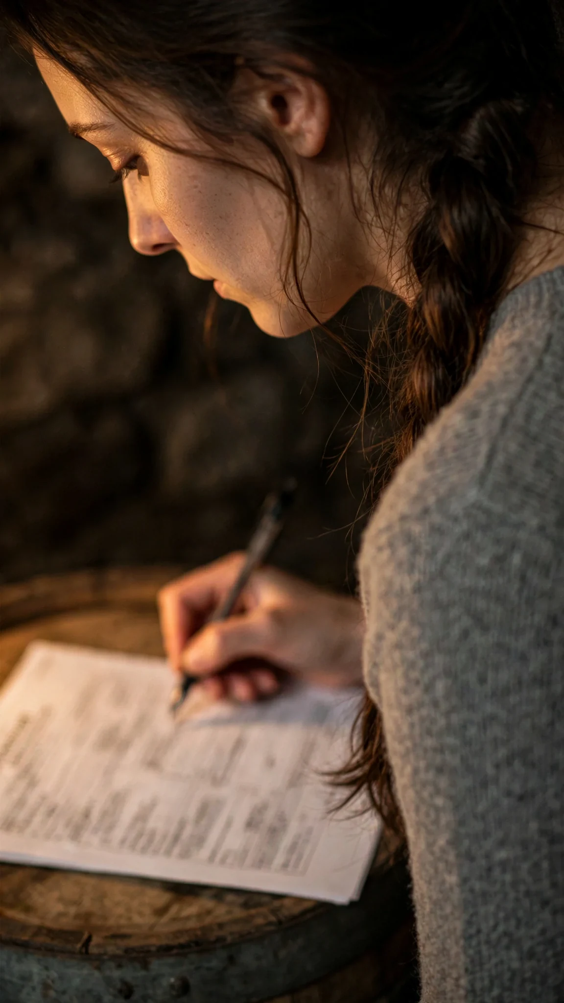 Close view of Elowen's hand filling in a form on a barrel in the cellar.