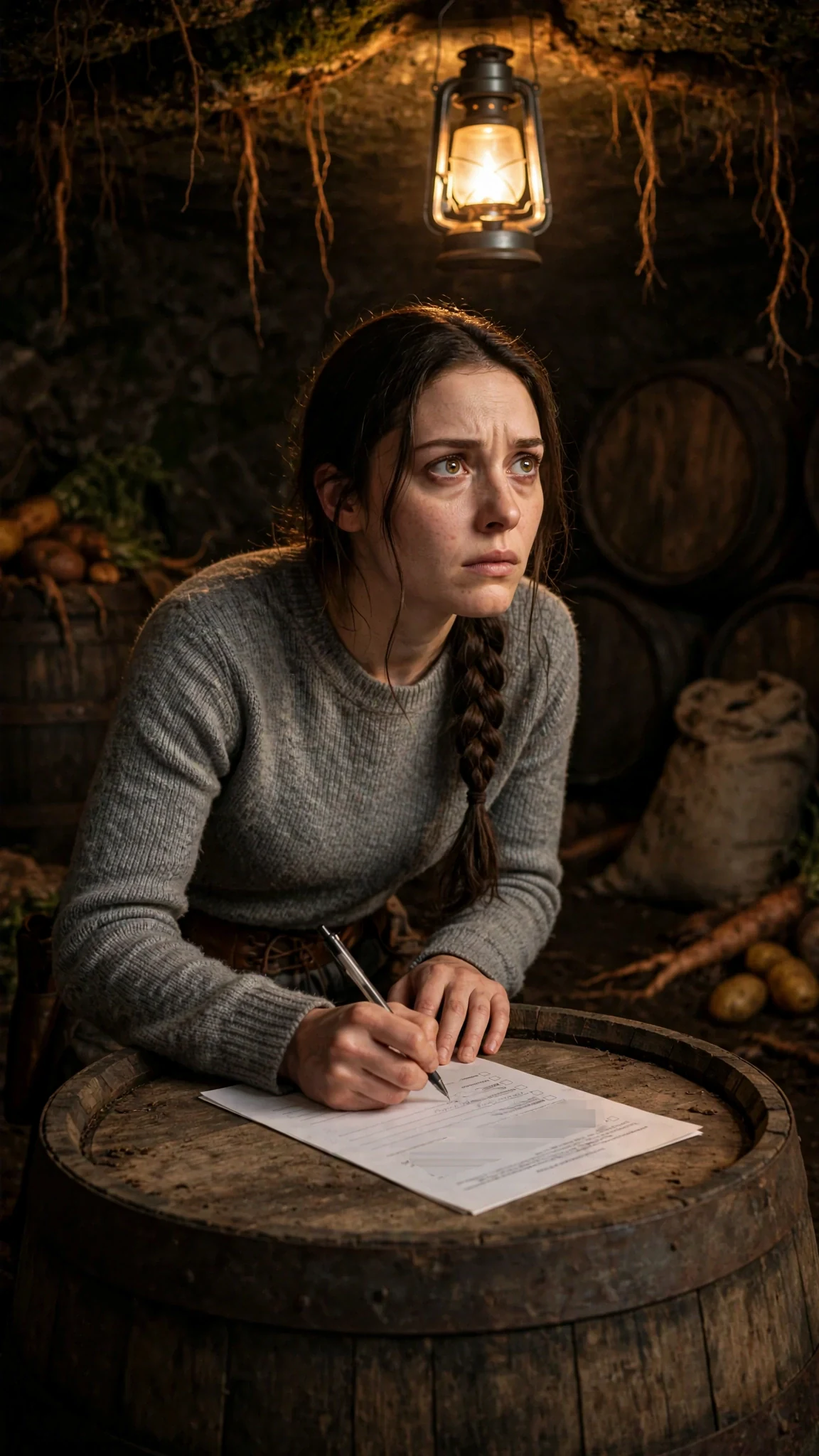 Elowen writes the reason line, jaw set, lantern light on her face.