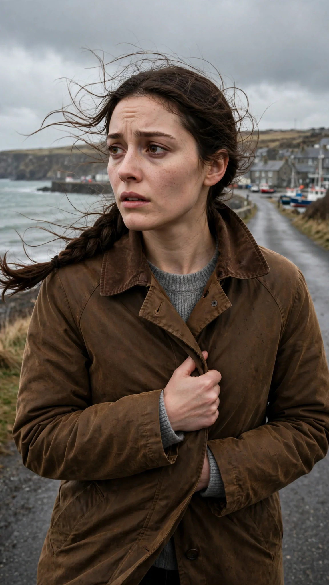 Elowen walks a coastal road toward town, wind pulling at her coat.