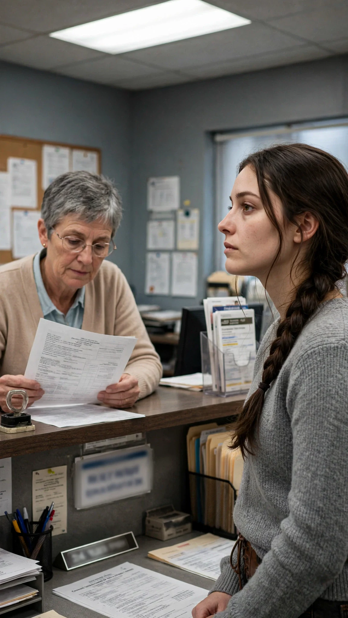 Elowen stands at the county clerk's counter while the clerk reads her form.