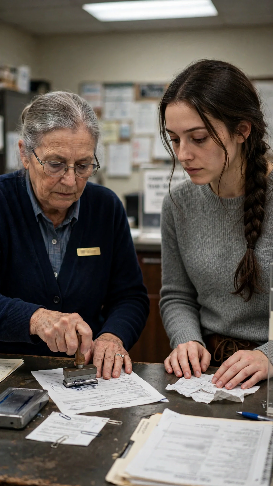 The clerk stamps the form while Elowen's hands rest on the counter.