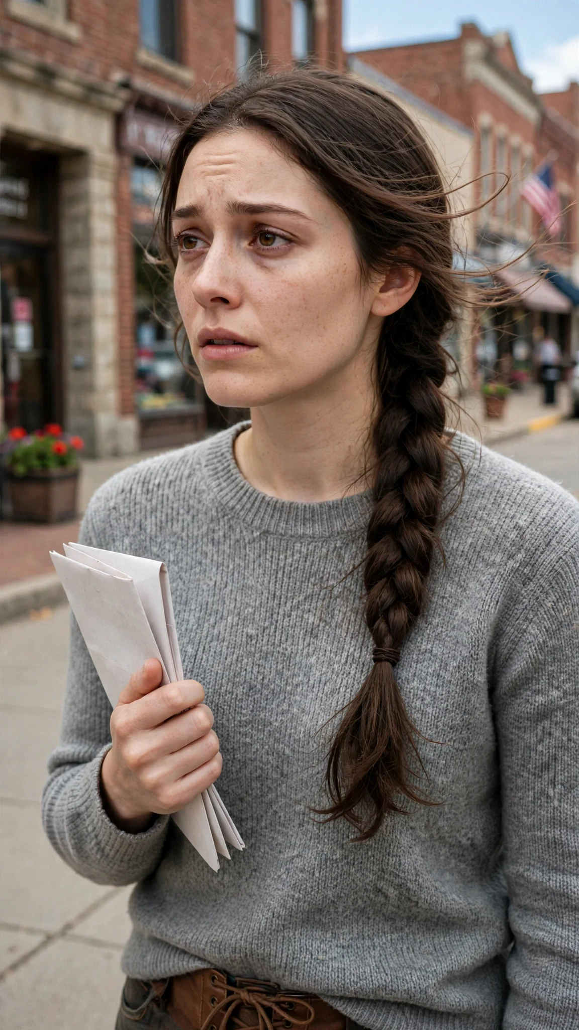 Elowen stands on a sunny sidewalk outside the county office holding the copy.