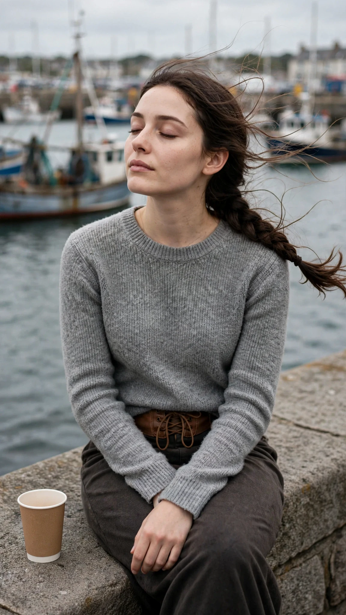 Elowen sits on a stone seawall with a coffee cup, eyes closed, harbor behind her.