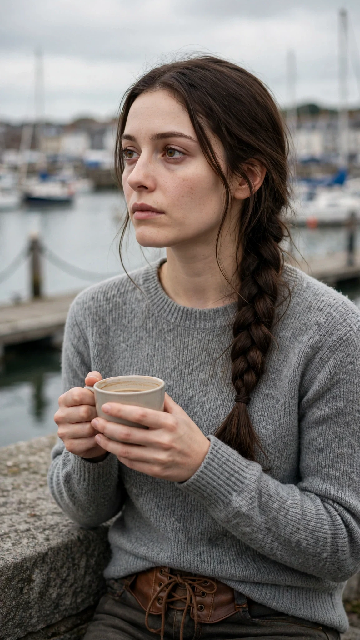Elowen on the seawall, eyes distant, coffee cup in both hands.