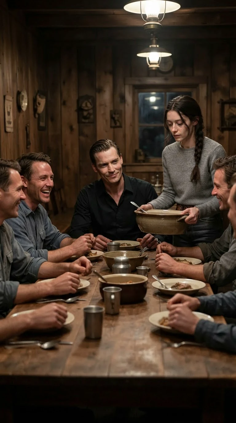 Pack dining room flashback, men laughing while Elowen serves, eyes down.