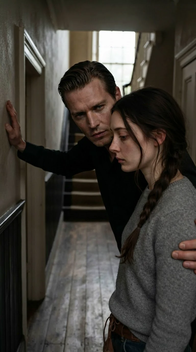 Hallway flashback, Maddox holds Elowen's shoulder to the wall while she looks down.