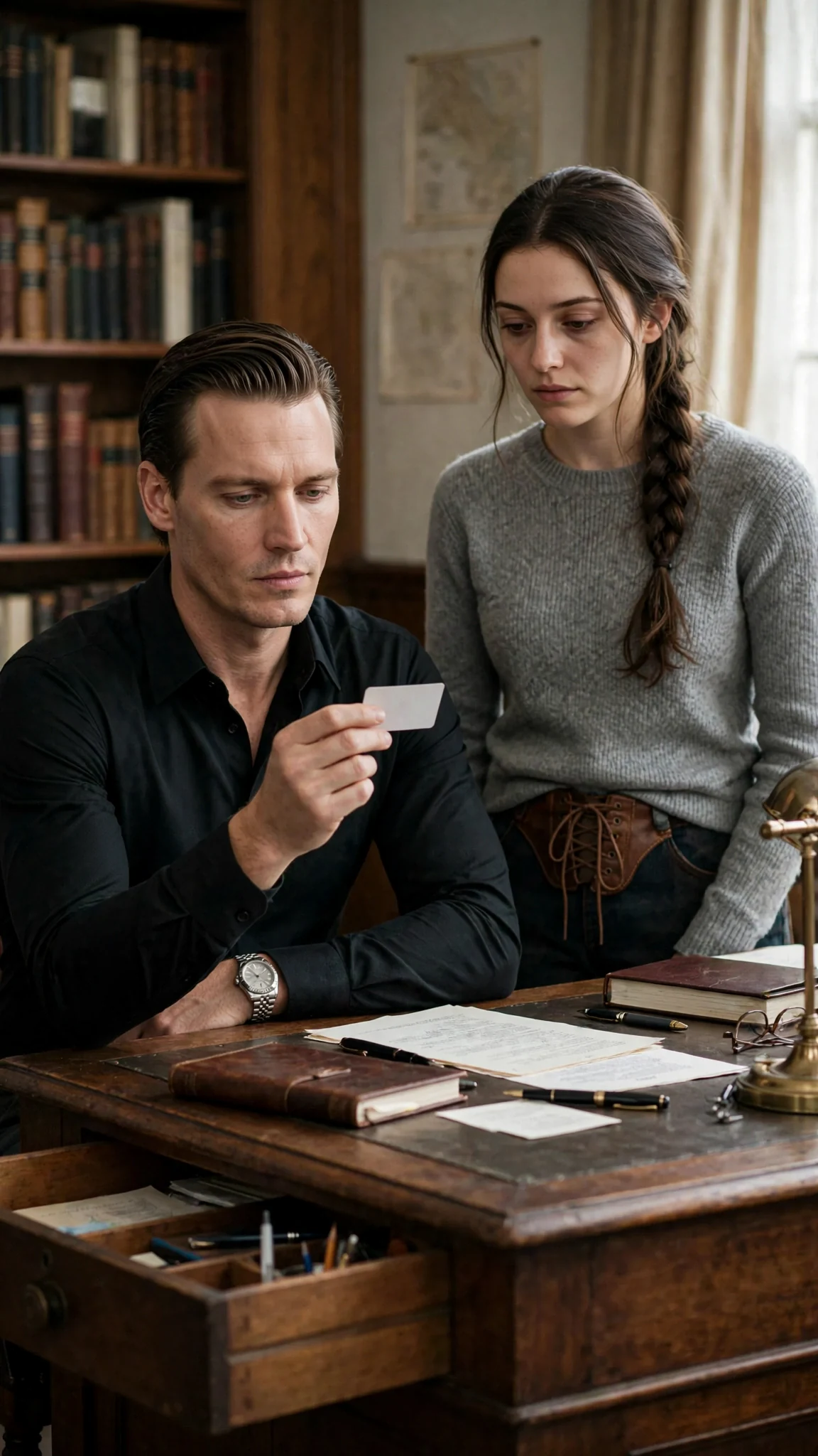 Study flashback, Maddox holds up Elowen's ID card while she stands before the desk.