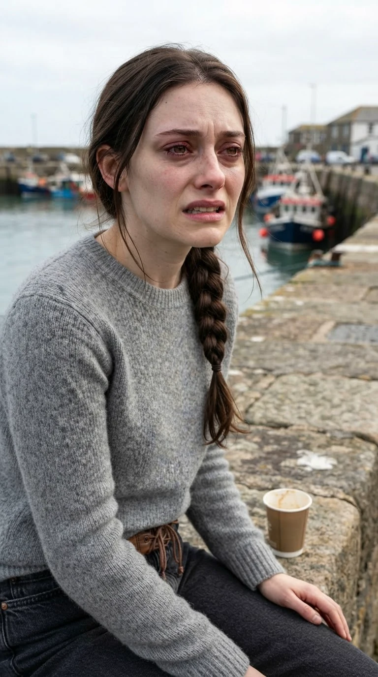 Elowen on the seawall, jaw tight, eyes wet and angry.