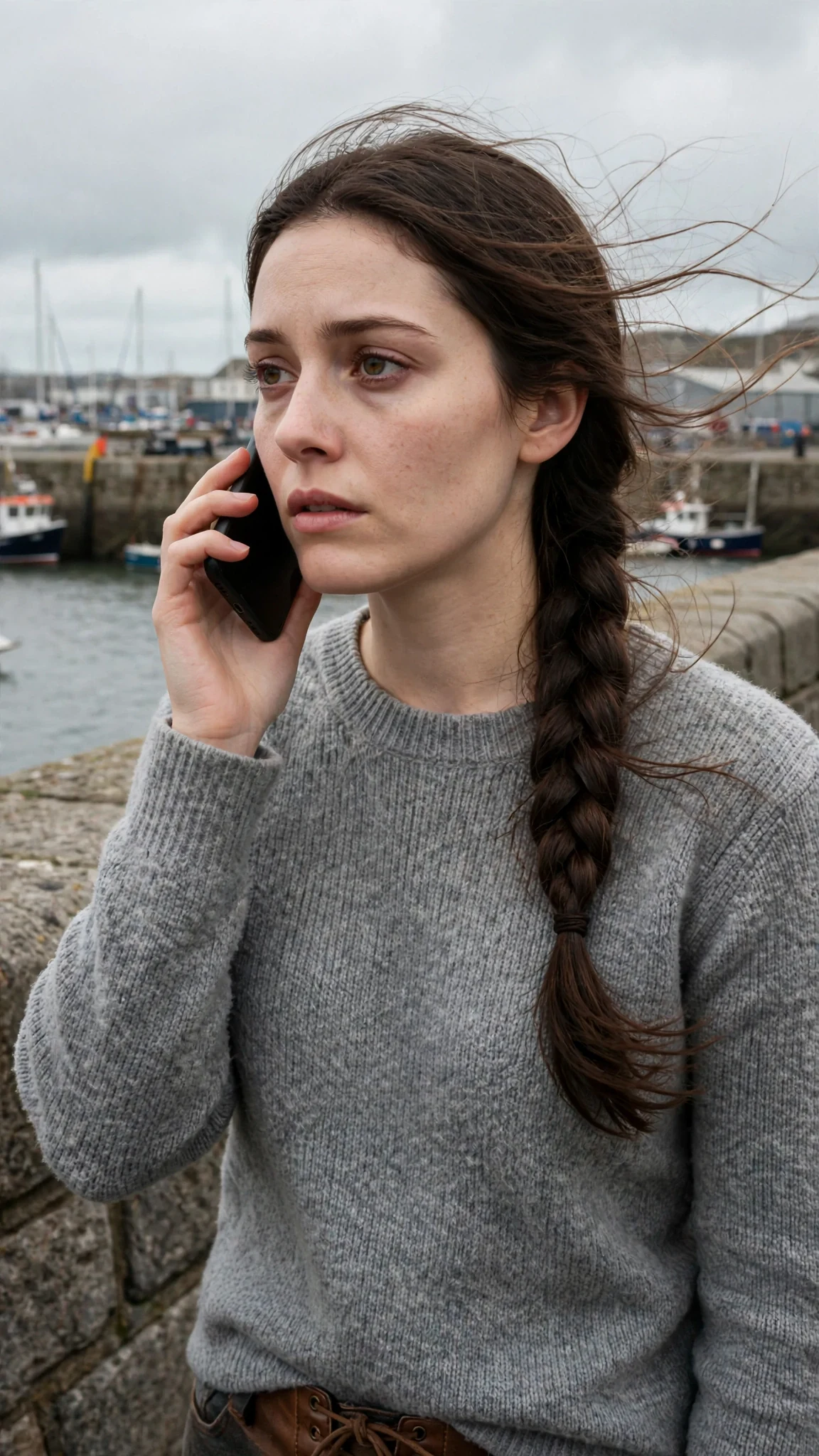 Elowen holds the phone to her ear on the seawall, face pale.