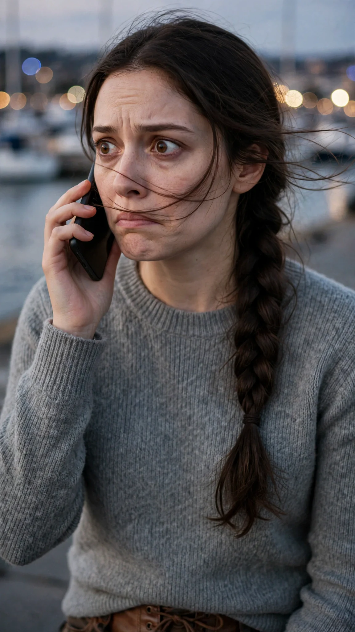 Close view of Elowen with the phone at her ear, jaw clenched.