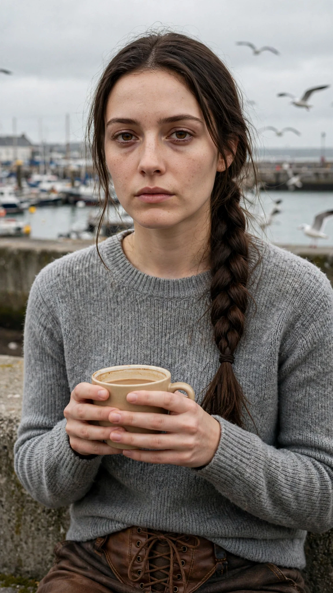 Elowen sits with her coffee, mouth set, eyes steady.